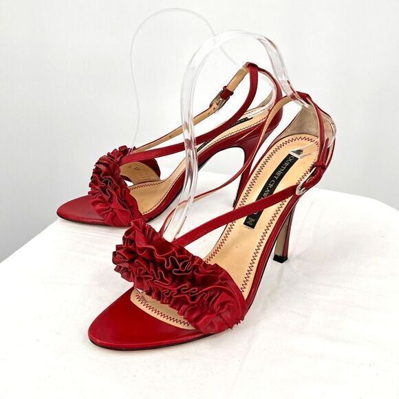 Courtney Crawford Ruffle Leather Strappy Heels Sandals‎ Red 38.5 (8) Made Italy - Picture 1 of 12